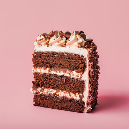 A single slice of chocolate cake with white frosting and chocolate shavings, photographed against a pink background.の素材