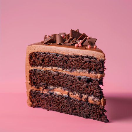 A close-up image of a slice of chocolate cake with chocolate shavings and pink sprinkles on a pink background.の素材