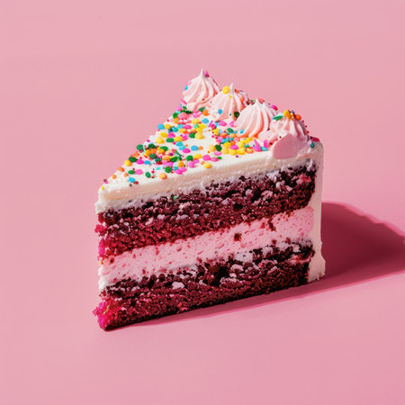 A close-up of a slice of red velvet cake topped with pink frosting and colorful sprinkles, resting on a pink surface.の素材