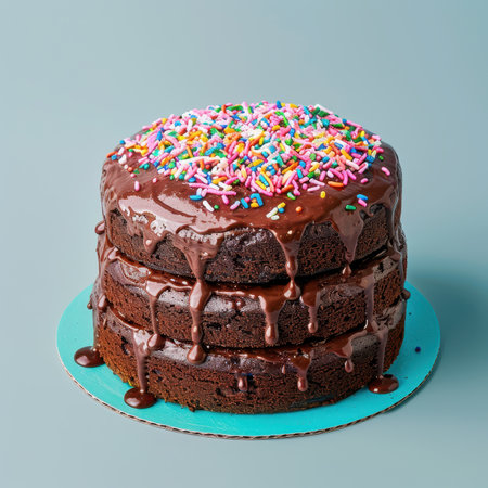 A three-layered chocolate cake topped with chocolate icing and colorful sprinkles sits on a blue cardboard plate.の素材