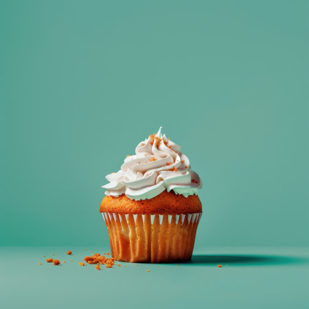 A single vanilla cupcake with white frosting and sprinkles sits on a teal background.の素材