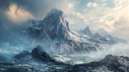 A breathtaking view of a snow-capped mountain range with misty peaks and a dramatic cloudy sky, creating a sense of awe and wonder.の素材