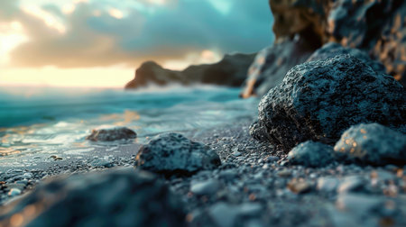 A close-up view of a single rock on a pebbly beach at sunset, with the ocean and sky in the background.の素材