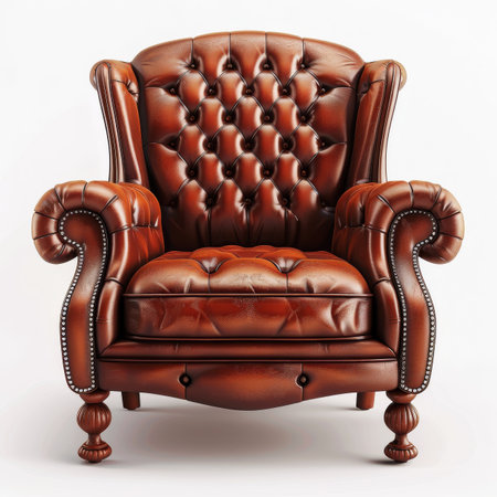 A brown leather armchair with button tufting and rolled arms, isolated on a white background.の素材