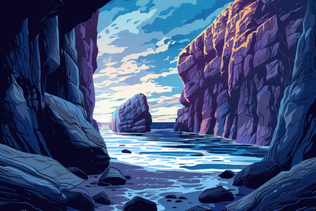 Rocky cove with distant rock outcropping and light blue waterの素材