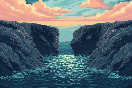 A rocky inlet with crashing waves and a light blue skyの素材