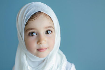 A young girl wearing a white hijab is looking directly at the camera, her expression is soft and innocent.の素材