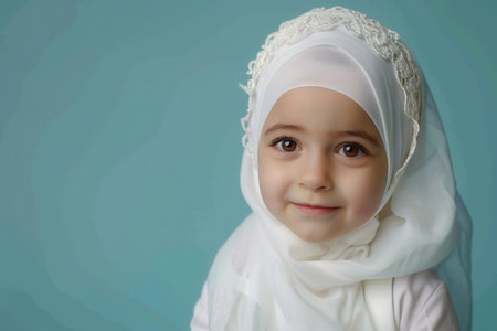 A close-up portrait of a young girl wearing a white hijab with a lace trim, smiling softly against a blue background.の素材