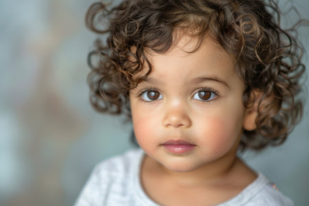 A close-up portrait of a young girl with curly brown hair, looking directly at the camera with a gentle expression.の素材