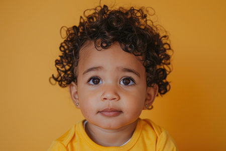 A close-up portrait of a young girl with curly brown hair looking directly at the camera. She is wearing a yellow shirt and the background is a solid yellow.の素材