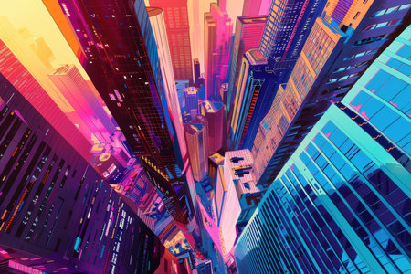 A stylized view of a modern city at night, showcasing vibrant neon lights reflecting off the glass facades of skyscrapers.の素材