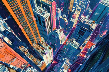 An aerial perspective of a vibrant city with colorful buildings, showcasing a dynamic and modern urban environment.の素材