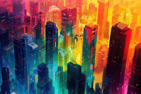An abstract, digitally painted cityscape, with vibrant neon colors and geometric shapes, highlighting the futuristic urban architecture.の素材