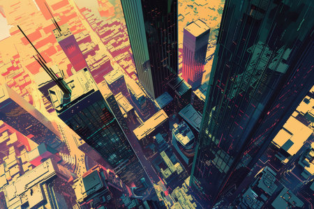 A stylized illustration of a futuristic city as seen from above, showcasing towering skyscrapers and an abstract, geometric aesthetic.の素材