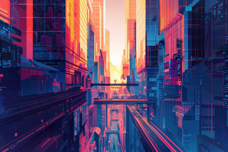 An illustration of a futuristic city street with glowing neon lights illuminating tall glass buildings.の素材