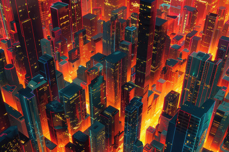 An aerial view of a futuristic city at night, illuminated with vibrant neon lights in red and blue hues.の素材