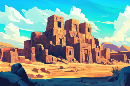 A digital painting depicting ancient stone ruins nestled within a vast desert landscape under a clear blue sky.の素材