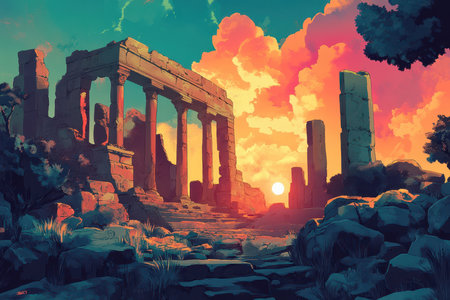 A digital painting depicting ancient stone ruins at sunset, featuring a clear sky and glowing clouds with a path leading through the ruins.の素材