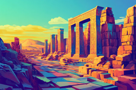 A digital illustration depicting the crumbling ruins of an ancient temple in a desert landscape. The image features stone pillars, an archway, and a path leading through the ruins.の素材