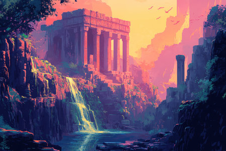 An ancient temple, partly ruined, stands on a cliff overlooking a waterfall and a pool of water in a surreal landscape, with birds flying overhead and a sunset in the background.の素材