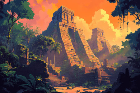 The image depicts the ruins of an ancient stone pyramid temple overgrown with jungle vegetation, set against a backdrop of a vibrant sunset sky.の素材