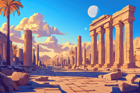 A digital illustration of the ruins of an ancient city with tall columns, palm trees, and a double moon in the blue sky.の素材
