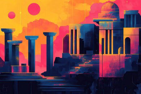 A digital illustration of a futuristic cityscape with geometric structures and a dome, rendered in vibrant colors against a sunset sky.の素材