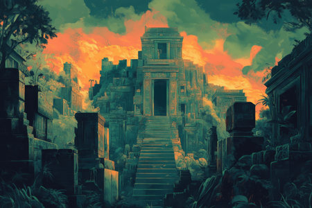 A grand stone temple with a long stairway leading to its entrance, surrounded by lush jungle vegetation at sunset.の素材