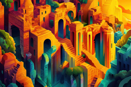 A digitally painted abstract cityscape with vibrant colors and a complex geometric arrangement of buildings and arches.の素材
