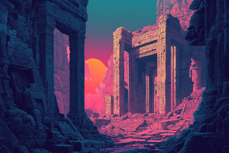 A depiction of ancient ruins, likely a temple, standing against a backdrop of a sunset in a desolate, desert-like landscape.の素材