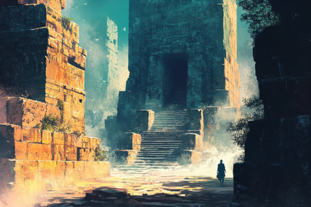 A solitary figure walks towards an ancient stone structure with a doorway and stairs in a mysterious and atmospheric setting.の素材