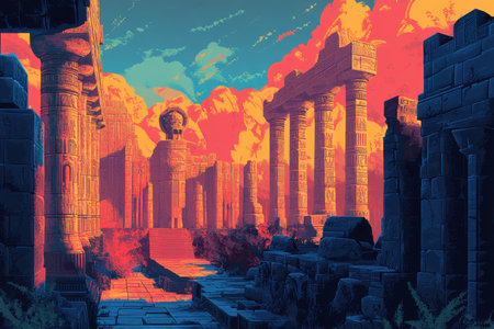 An image of ancient ruins with columns and a path leading to a doorway under a dramatic sunset sky.の素材