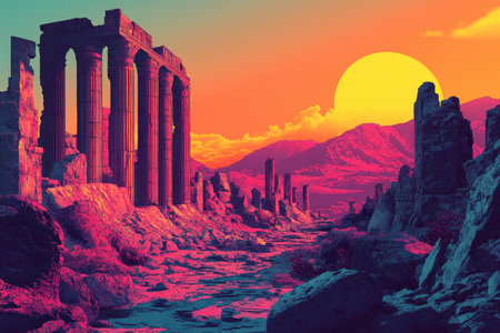 A digital art illustration depicting ancient ruins against a backdrop of a vibrant sunset with a large yellow sun.の素材