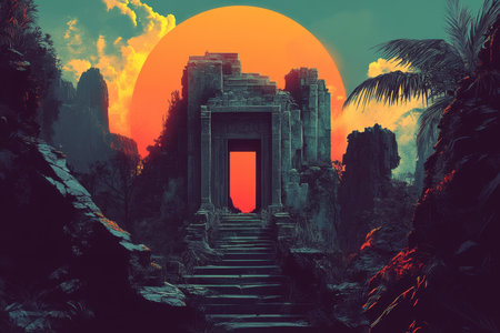 A digital illustration of an ancient, ruined temple with a large doorway, set against a vivid sunset sky and tropical foliage.の素材