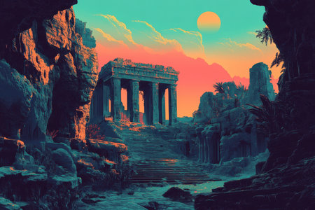 The image depicts an ancient, ruined temple with a set of steps leading up to an archway. The temple is set against a backdrop of a colorful, dreamlike landscape with a large sun in the sky.の素材