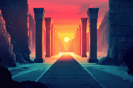 A digitally painted scene of a desolate landscape with stone pillars leading to a distant sunset.の素材