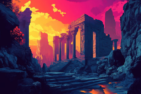 An artistic depiction of ancient ruins bathed in the vibrant colors of a sunset, surrounded by towering cliffs.の素材