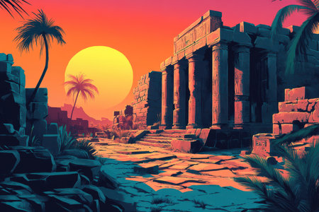 An illustration of ancient ruins in a desert setting with palm trees and a large yellow sun setting in the background.の素材