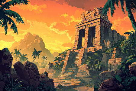 An ancient stone temple with columns and steps, surrounded by lush tropical vegetation, at sunset.の素材