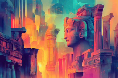 The image depicts a colorful and surreal depiction of ancient ruins with a statue head, blending elements of classical architecture with a dreamlike and futuristic aesthetic.の素材