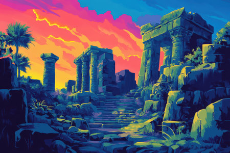 A stylized digital illustration depicts the ruins of an ancient stone temple, overgrown with vegetation, under a vibrant sunset sky.の素材