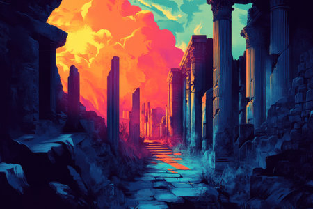 The image depicts a path leading through the ruins of an ancient structure, with a colorful sunset sky above.の素材