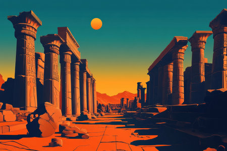 The image depicts the ruins of an ancient temple or city in a desert landscape, with two suns setting in the sky, casting an orange glow over the scene.の素材