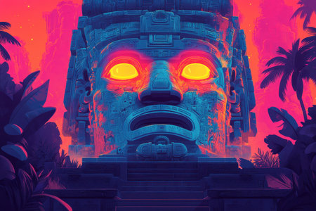 A digitally rendered depiction of an ancient stone face with glowing eyes, set against a tropical backdrop of palm trees and a vibrant sunset sky.の素材