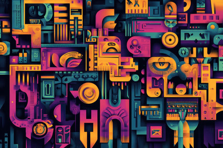 A digital abstract art piece featuring geometric shapes and vibrant colors arranged in a complex composition.の素材