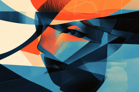 A stylized abstract portrait with geometric shapes and vibrant colors. The focus is on the eye and the face partially obscured by layered geometric forms.の素材