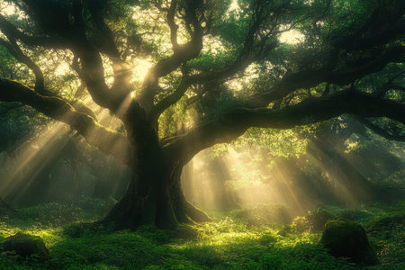 A photograph of a dense forest scene with a large tree in the foreground, sunbeams filtering through the canopy above and illuminating the mossy ground.の素材