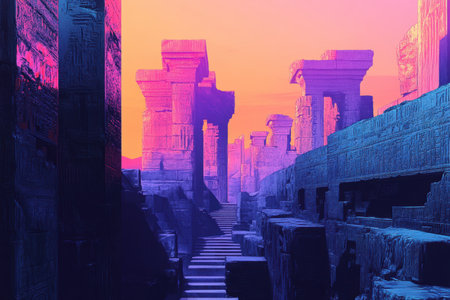 A digital art illustration depicts a narrow pathway with stone steps leading upward through a ruined, futuristic cityscape under a pink and orange sky.の素材