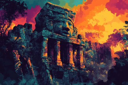 A painting depicting an ancient stone temple with a carved face and jungle foliage, bathed in the warm glow of a sunset.の素材