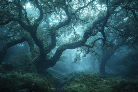 A path winds through a dense, foggy forest, with towering trees creating a mystical and awe-inspiring atmosphere.の素材
